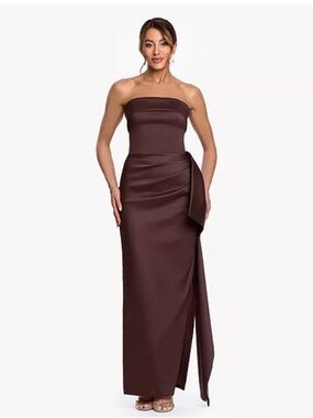 Xscape Strapless Satin Column Gown in Chocolate
